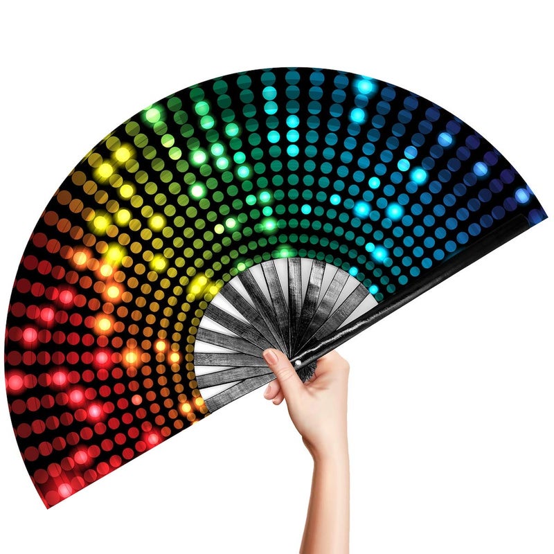 OMyTea Large Rave Clack Popping Fan for Line Dancing - Boots on The Ground Folding Hand Fan - for EDM, Music Festival, Hot Flashes, Party, Decoration (Disco Lights Dots) - Image 1